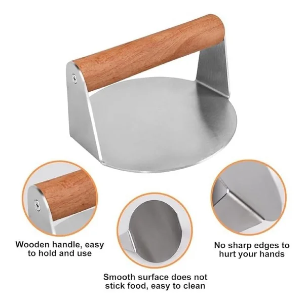 Devmeer Yuvarlak Smash Burger Presi,16 Cm,3 Mm 304 Paslanmaz Çelik Burger Presi, Ahşap Saplı - Görsel 3