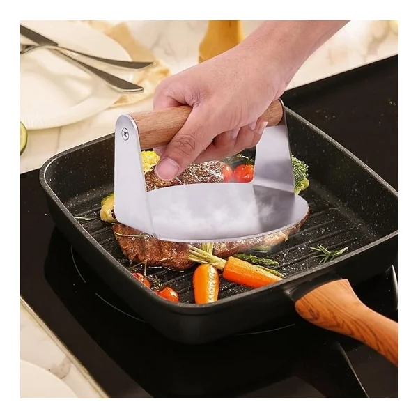 Devmeer Yuvarlak Smash Burger Presi,16 Cm,3 Mm 304 Paslanmaz Çelik Burger Presi, Ahşap Saplı - Görsel 4