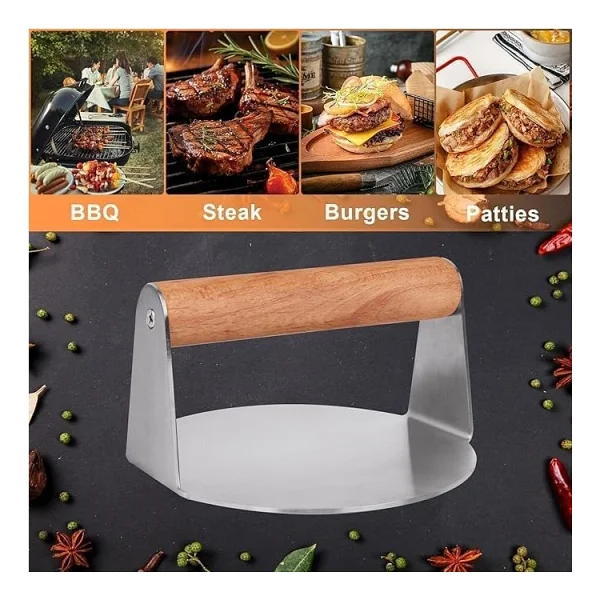 Devmeer Yuvarlak Smash Burger Presi,16 Cm,3 Mm 304 Paslanmaz Çelik Burger Presi, Ahşap Saplı - Görsel 5