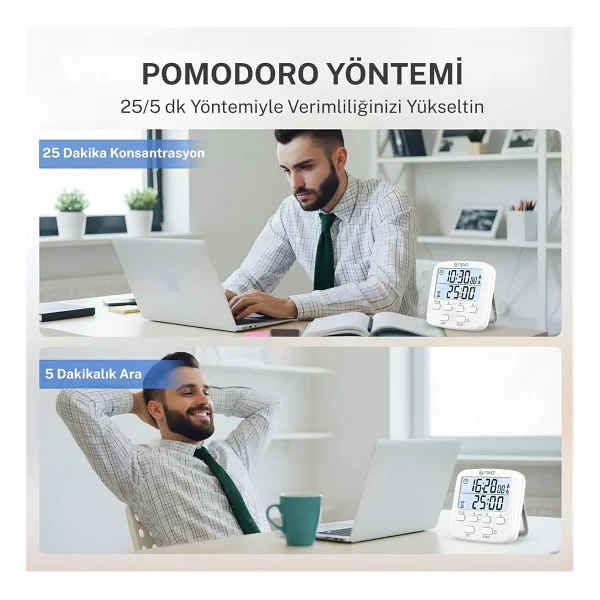 Npo Npt19 Çift Sayaçlı Dijital Kronometre Pomodoro Motivasyon Saati - Görsel 3