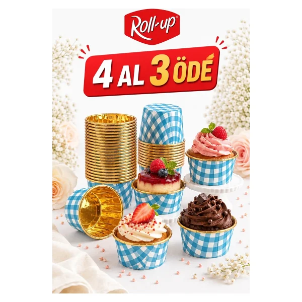 Dolphin Muffin Kek Kapsülü Kare Desenli Mavi-Altın 25li - Görsel 7