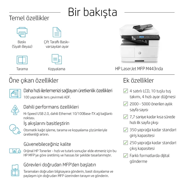 Hp Laserjet M443nda 8af72a Tarayıcı + Fotokopi Mono Çok Fonksiyonlu Lazer Yazıcı - Görsel 4