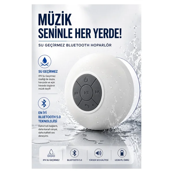 Coverzone Su Geçirmez Bluetooth Hoparlör Vantuzlu Havuzda Yağmurlu Havalarda Ipx4 3w Kaliteli Ses Banyo Duş Hoparlörü S56 (Beyaz) - Görsel 6