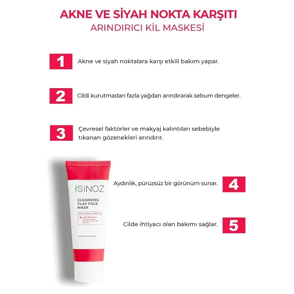 Sinoz Akne Ve Siyah Nokta Karşıtı Arındırıcı Yüz Bakım Kil Maskesi 50 Ml Tüm Ciltler Için - Görsel 2