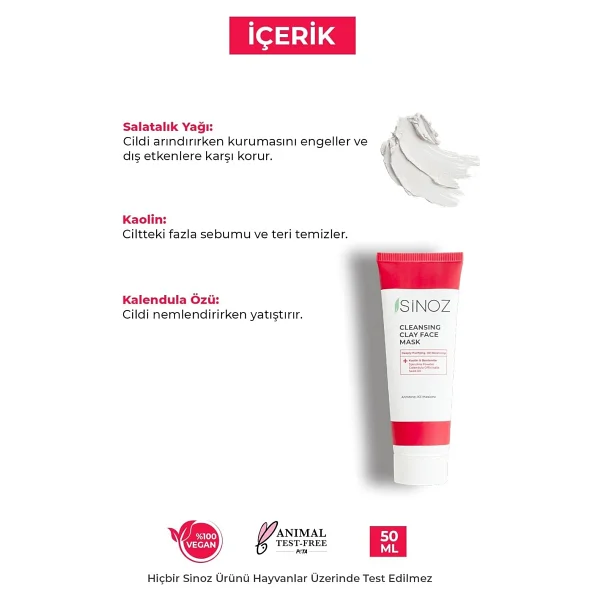Sinoz Akne Ve Siyah Nokta Karşıtı Arındırıcı Yüz Bakım Kil Maskesi 50 Ml Tüm Ciltler Için - Görsel 3