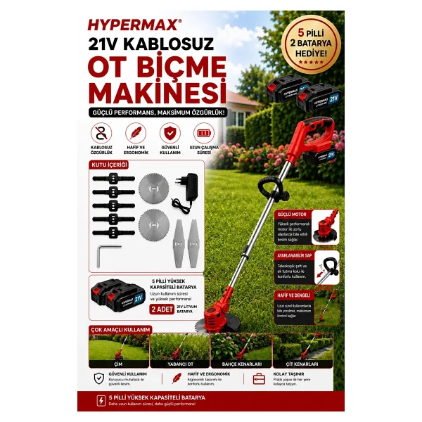 Hypermax Şarjlı Çim Biçme Makinesi Tırpan 2x Batarya Akü - Görsel 10