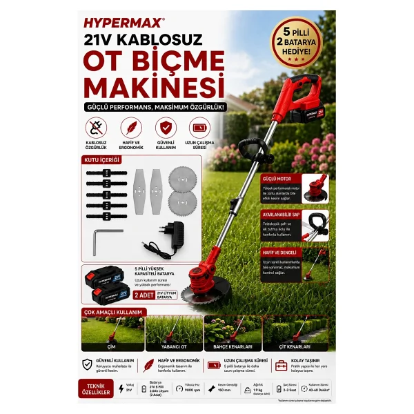 Hypermax Şarjlı Çim Biçme Makinesi Tırpan 2x Batarya Akü - Görsel 2