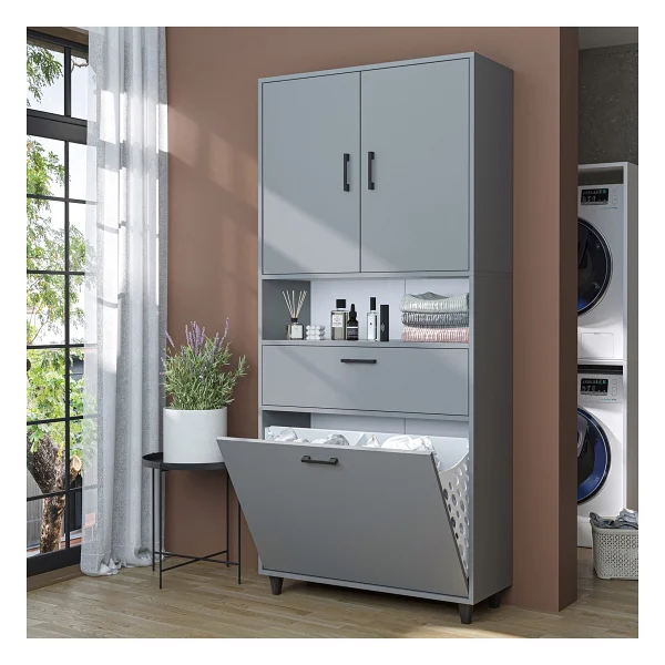 Roomart Çamaşır Sepetli Banyo Dolabı, Çok Amaçlı Çekmeceli Dolap 90 x 200 cm - Atlantik Çam - Beyaz - Görsel 7