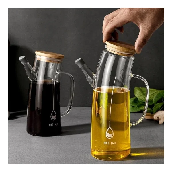 Bambu Kapklı Borosilikat Cam Yağlık & Sirkelik - 1 Litre Isıya Dayanıklı & Sızdırmaz Tasarım Bambu Kapaklı Şeffaf Cam Yağdanlık - 1000ml - Görsel 4