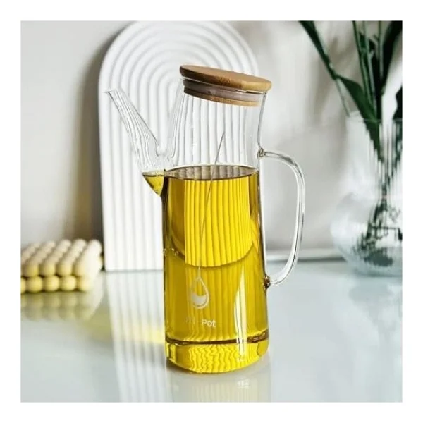 Bambu Kapklı Borosilikat Cam Yağlık & Sirkelik - 1 Litre Isıya Dayanıklı & Sızdırmaz Tasarım Bambu Kapaklı Şeffaf Cam Yağdanlık - 1000ml - Görsel 2
