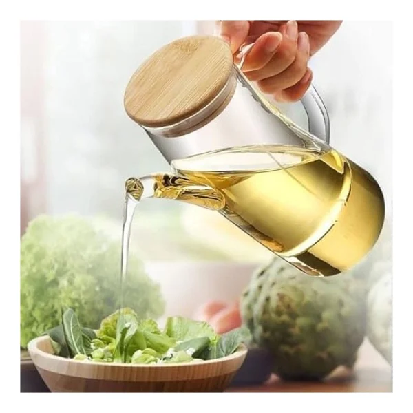 Bambu Kapklı Borosilikat Cam Yağlık & Sirkelik - 1 Litre Isıya Dayanıklı & Sızdırmaz Tasarım Bambu Kapaklı Şeffaf Cam Yağdanlık - 1000ml - Görsel 3