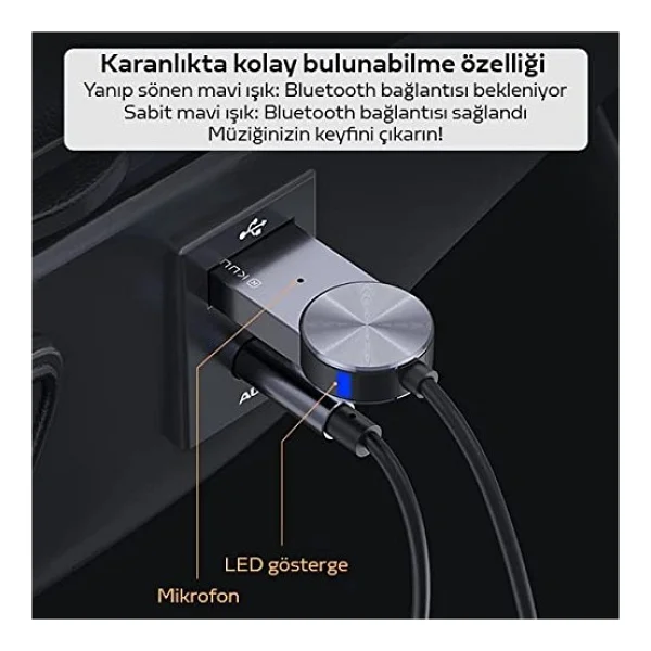 More Tr Kuulaa USB Bluetooth 5.0 3.5 Aux Receiver Aux Wireless Araç Kiti - Görsel 5