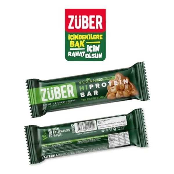 Züber Vegan Fıstık Ezmeli Yüksek Protein Bar 45g X 12 Adet - Görsel 3