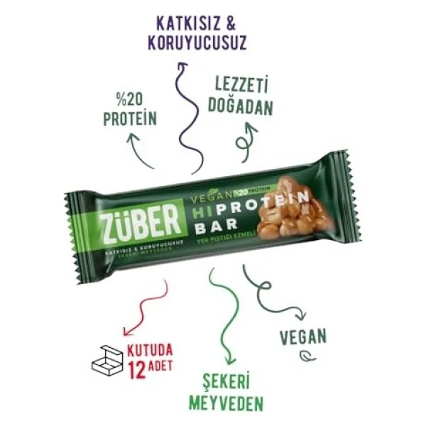 Züber Vegan Fıstık Ezmeli Yüksek Protein Bar 45g X 12 Adet - Görsel 5