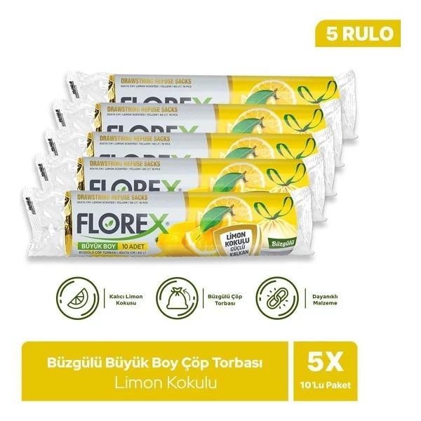 Florex Limon Kokulu Büzgülü Büyük Boy Çöp Poşeti 10'lu 5 Adet - Görsel 6