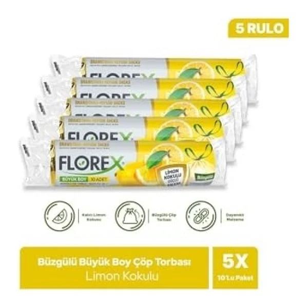Florex Limon Kokulu Büzgülü Büyük Boy Çöp Poşeti 10'lu 5 Adet - Görsel 2