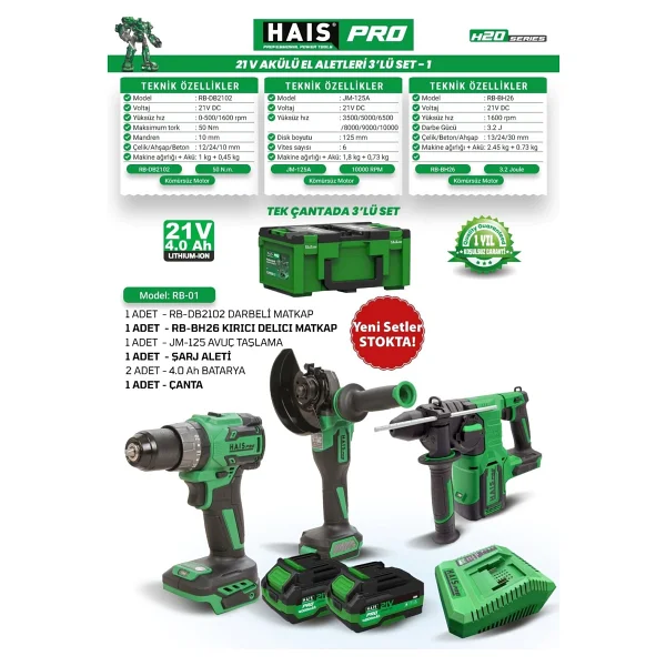 Hais Pro RB-01 RB-DB2102 + RB-BH26 + JM-125 Çift Akülü 4 Ah Elektrikli El Aletleri Seti - Görsel 4