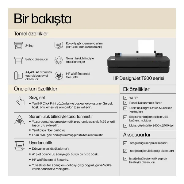 HP DesignJet T250 5HB06A Wi-Fi Renkli Mürekkep Püskürtmeli Yazıcı - Görsel 4