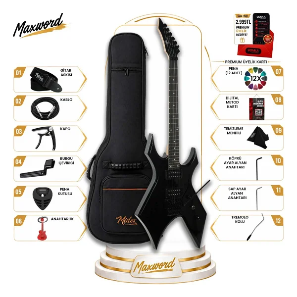 Maxword Gt-Line-Bk Profesyonel Warlock Kasa Hh Elektro Gitar Seti Siyah - Görsel 4