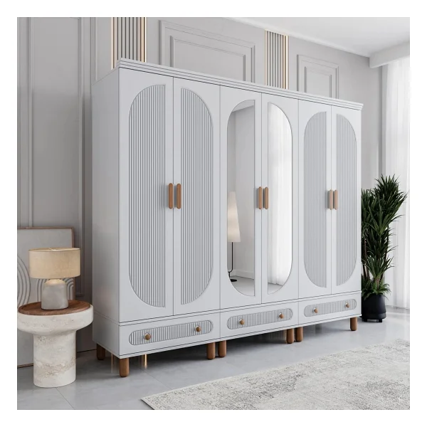Monzıo Milen 6 Kapaklı Çekmeceli Gardırop Tamamı Mdf (Beyaz) - Görsel 2