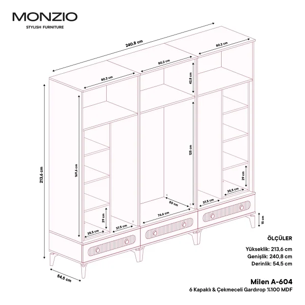 Monzıo Milen 6 Kapaklı Çekmeceli Gardırop Tamamı Mdf (Beyaz) - Görsel 4