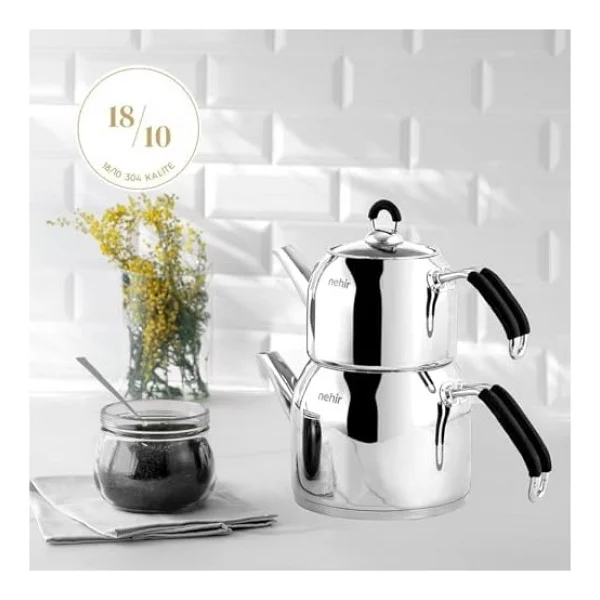 Nehir Modern Mini Küçük Boy 0.8-1.6 Lt. Paslanmaz Çelik Çaydanlık Takımı - 0 - Siyah - Option-1 - Görsel 2