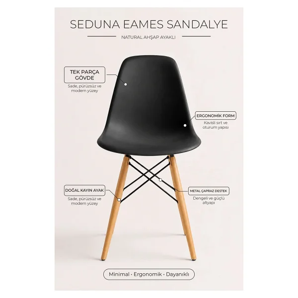 Seduna Siyah Eames Sandalye - Natural Ahşap Ayaklı - Görsel 3