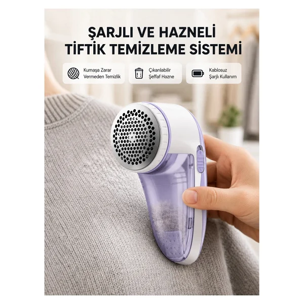 Mey İthalat Şarjlı Tiftik Temizleyici - Çıkarılabilir Hazneli, Anti-Statik Fırçalı, USB Şarjlı - Görsel 6