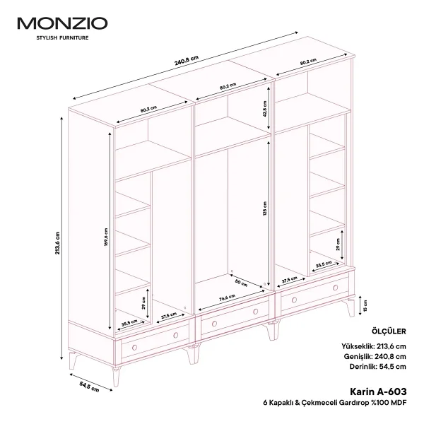 Monzıo Karin 6 Kapaklı Çekmeceli Gardırop Tamamı Mdf - Görsel 4