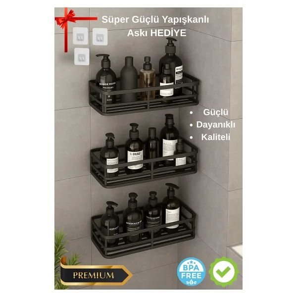 3 Lü Banyo Düzenleyici Organizer Şampuanlık Havlupan Askısı Havluluk Siyah Banyo Duş Mutfak Rafı - Görsel 5
