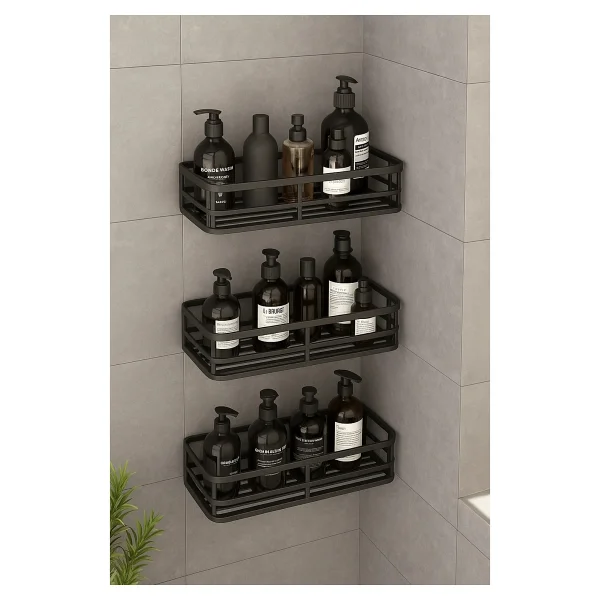 3 Lü Banyo Düzenleyici Organizer Şampuanlık Havlupan Askısı Havluluk Siyah Banyo Duş Mutfak Rafı - Görsel 4