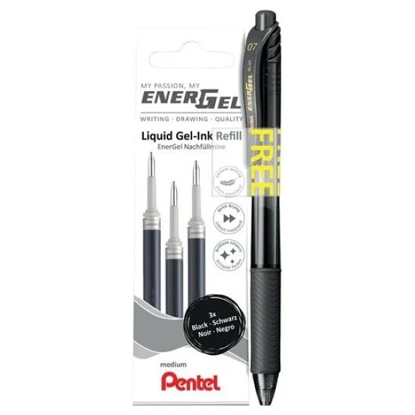 Pentel Energel Mekanizmalı Likit Roller Kalem + 3 Adet Yedek - Siyah Siyah - Görsel 2