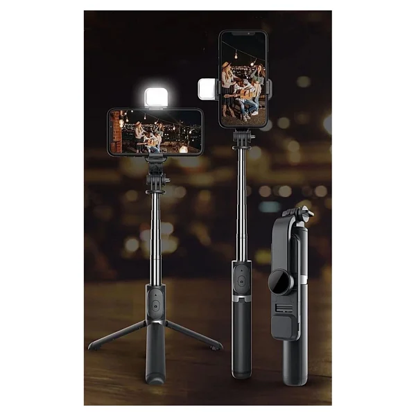 LED Işıklı Selfie Çubuğu Bluetooth Kumandalı Kablosuz Tripot Selfie Monopod Selfie Stick Siyah - Görsel 2