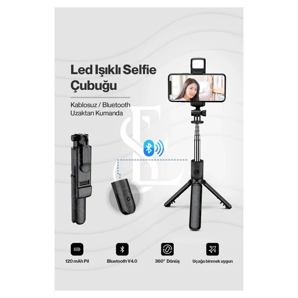 LED Işıklı Selfie Çubuğu Bluetooth Kumandalı Kablosuz Tripot Selfie Monopod Selfie Stick Siyah - Görsel 3