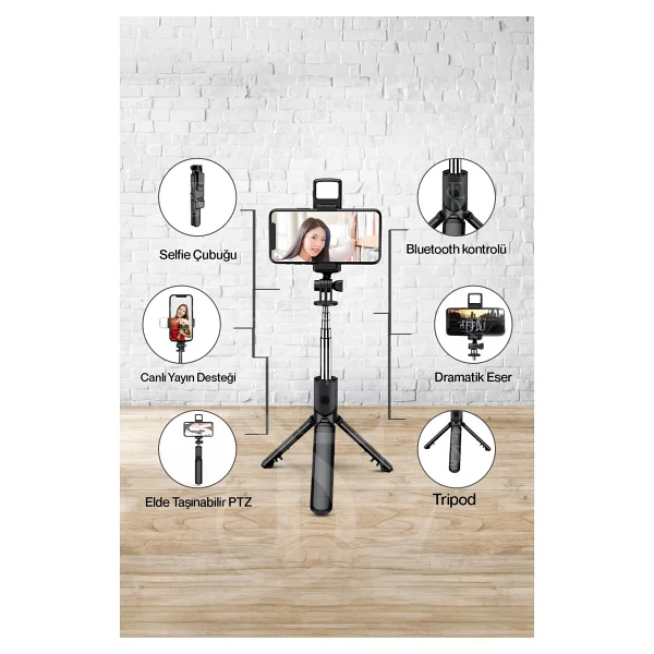 LED Işıklı Selfie Çubuğu Bluetooth Kumandalı Kablosuz Tripot Selfie Monopod Selfie Stick Siyah - Görsel 7