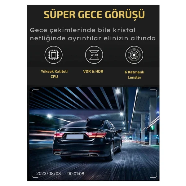 A-98 Wi-Fi Full HD 3 Kameralı Araç Içi Güvenlik Kamerası + Park Modu Kablosu Ön-Arka-Iç Kayıt,Dashcam - Görsel 3