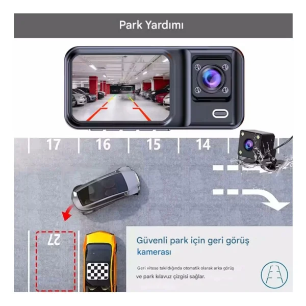 A-98 Wi-Fi Full HD 3 Kameralı Araç Içi Güvenlik Kamerası + Park Modu Kablosu Ön-Arka-Iç Kayıt,Dashcam - Görsel 4