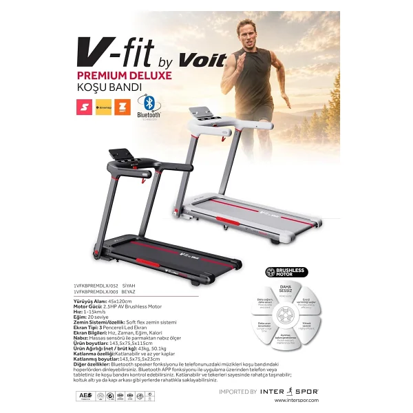 Vfit By Premium Delux Koşu Bandı, 20 Kademe Eğim, Brushless, Katlanabilir, 15 Km/S, Bluetooth - Görsel 3