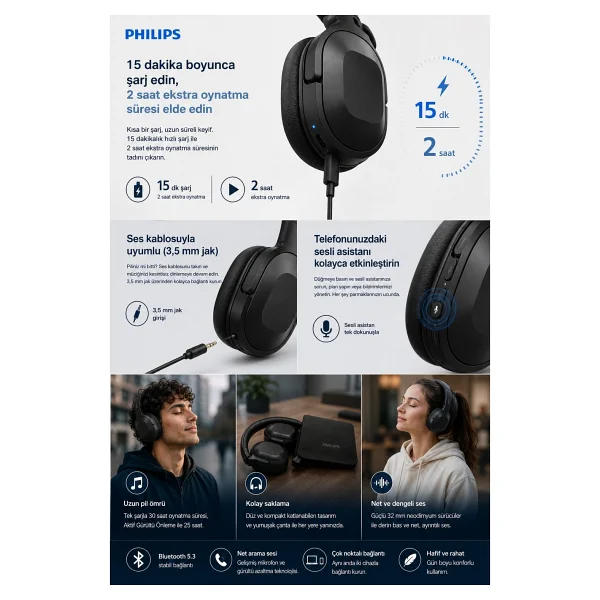 Philips Tah6506 ANC Kulak Üstü Bluetooth Kulaklık - Görsel 6