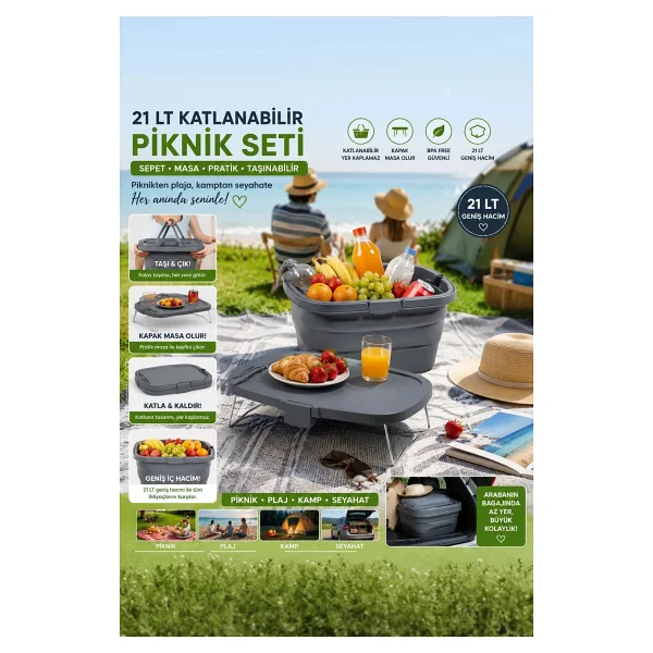 Porsima 07-1304 Katlanır Piknik Sepeti - Silikonlu Katlanabilir Saklama Kutusu - 21 L Beyaz - Görsel 7