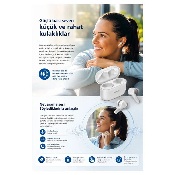 Philips Tat1149wt TWS Beyaz Kulak İçi Bluetooth Kulaklık - Görsel 3