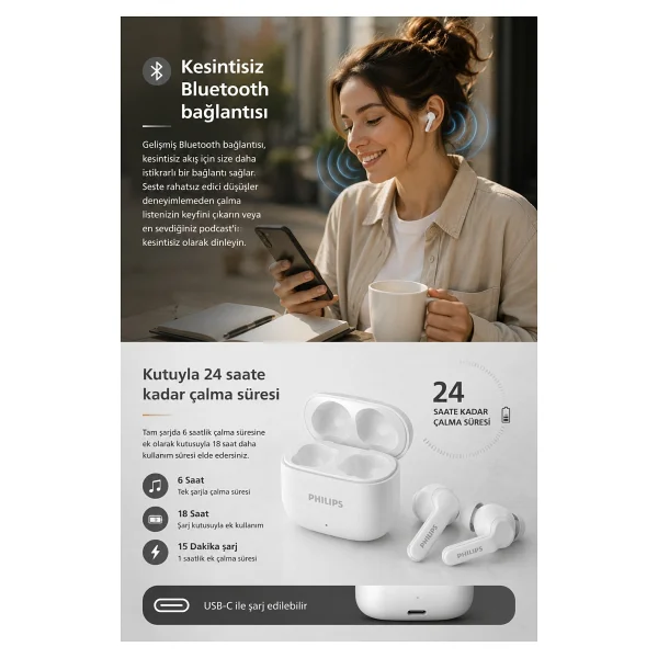 Philips Tat1149wt TWS Beyaz Kulak İçi Bluetooth Kulaklık - Görsel 4