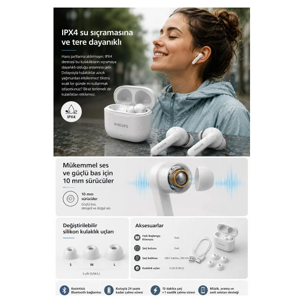 Philips Tat1149wt TWS Beyaz Kulak İçi Bluetooth Kulaklık - Görsel 5