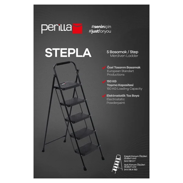 Perilla 51405 Stepla Geniş 5 Basamaklı Katlanır Merdiven Eurotower Siyah 5 Basamaklı - Görsel 6