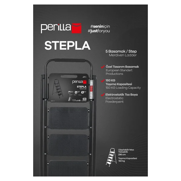Perilla 51405 Stepla Geniş 5 Basamaklı Katlanır Merdiven Eurotower Siyah 5 Basamaklı - Görsel 2