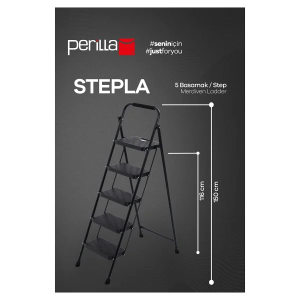 Perilla 51405 Stepla Geniş 5 Basamaklı Katlanır Merdiven Eurotower Siyah 5 Basamaklı - Görsel 3