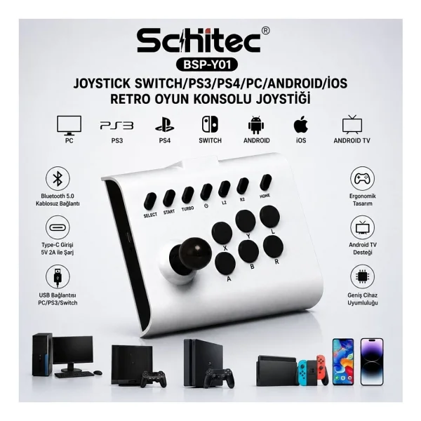 Schitec Bsp-Y01 Joystick N-Switch/PS3/PS4/PC/Android/İos/TV Retro Oyun Konsolu Joystick Beyaz - Görsel 4