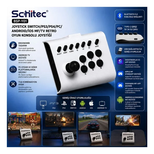 Schitec Bsp-Y01 Joystick N-Switch/PS3/PS4/PC/Android/İos/TV Retro Oyun Konsolu Joystick Beyaz - Görsel 2