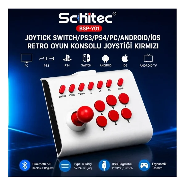 Schitec Bsp-Y01 Joystick Switch/PS3/PS4/PC/Android/İos Mf/TV Retro Oyun Konsolu Joystiği Kırmızı - Görsel 4