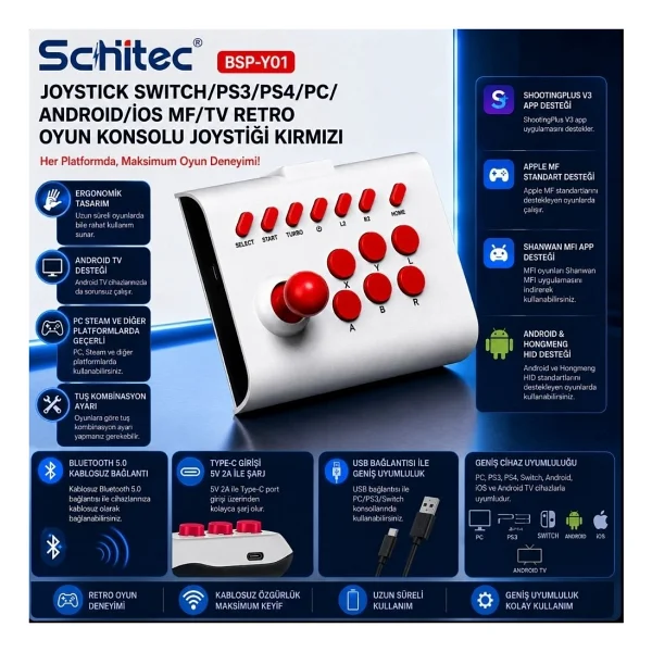Schitec Bsp-Y01 Joystick Switch/PS3/PS4/PC/Android/İos Mf/TV Retro Oyun Konsolu Joystiği Kırmızı - Görsel 2